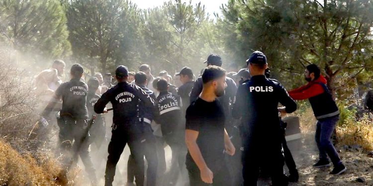 Bodrum’da taşlı sopalı yıkım, polis biber gazı ile müdahale etti