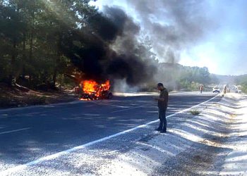 Milas- Yatağan yolunda otomobil yandı, sürücü atlayarak kurtulabildi