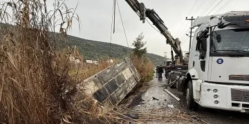 Milas’ta Turşu Yüklü Dorse Şarampole Devrildi