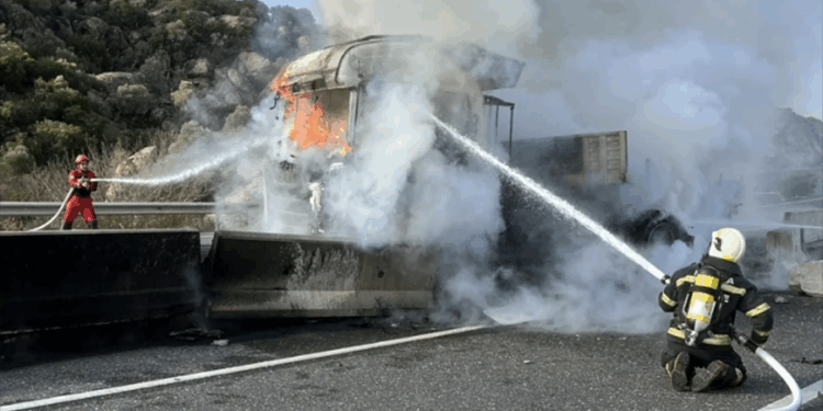 Karayolunda bariyerlere çarpan TIR yandı