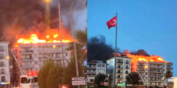 Muğla Milas’ta 5 katlı binanın çatısında yangın