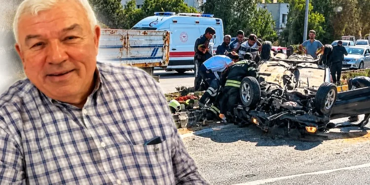 Yaşlı adam ve kaza yerindeki ters dönmüş araç.