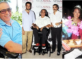 Tekerlekli sandalyedeki gülen bir adamın üç farklı fotoğraftan kolajı.