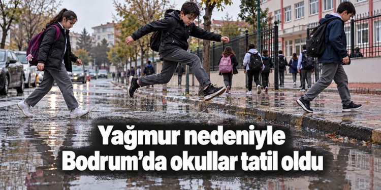 Yağmurlu bir günde su birikintisi üzerinden atlayan okul çocukları.