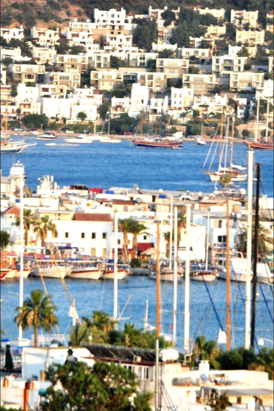 Bodrum'un beyaz evleri ve denizdeki teknelerin genel görünümü.