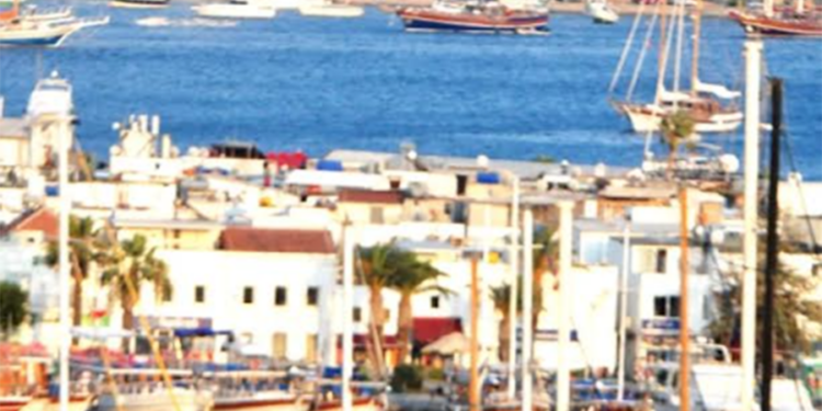 Bodrum'da beyaz evler ve teknelerle dolu liman manzarası.