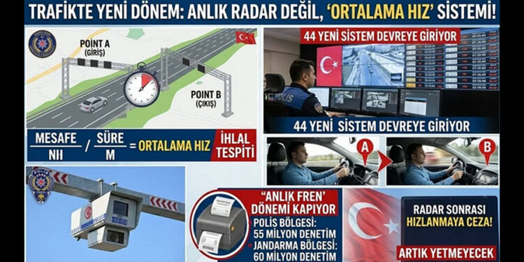 Türkiye'deki yeni ortalama hız tespiti sistemi bilgilendirici infografik.