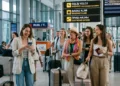 Havalimanında bavullarıyla bekleyen neşeli kadın turistler.