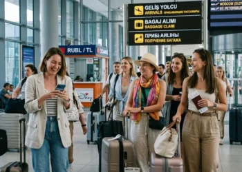 Havalimanında bavullarıyla bekleyen neşeli kadın turistler.