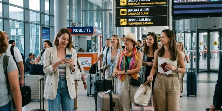 Havalimanında bavullarıyla bekleyen neşeli kadın turistler.