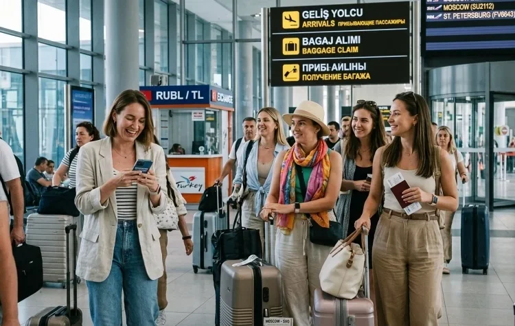 Havalimanında bavullarıyla bekleyen neşeli kadın turistler.